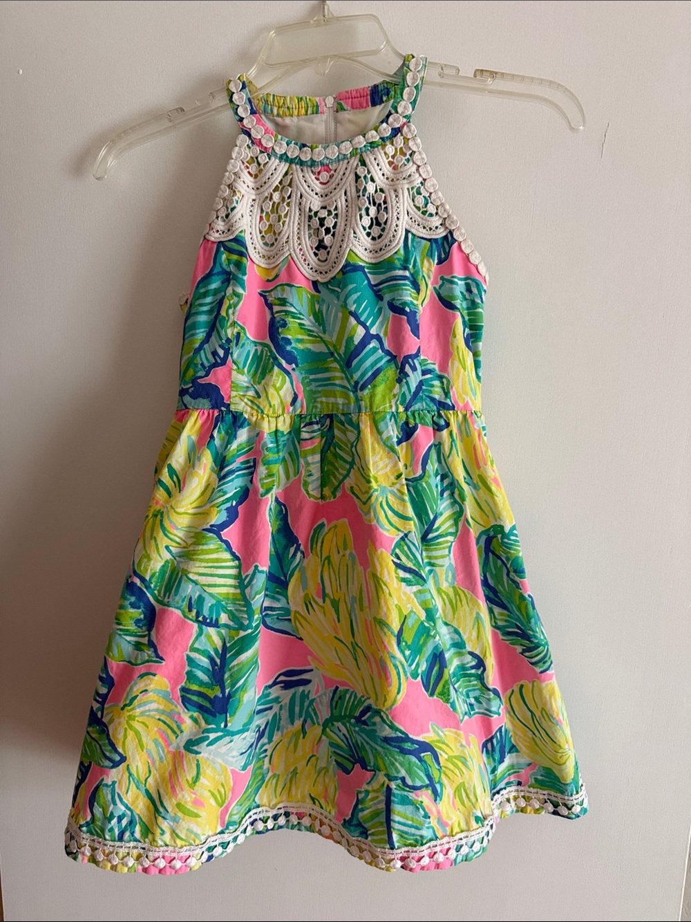 Girls size 10 Lilly Pulitzer Pink Tropical Leaf Halter Dress with White trim